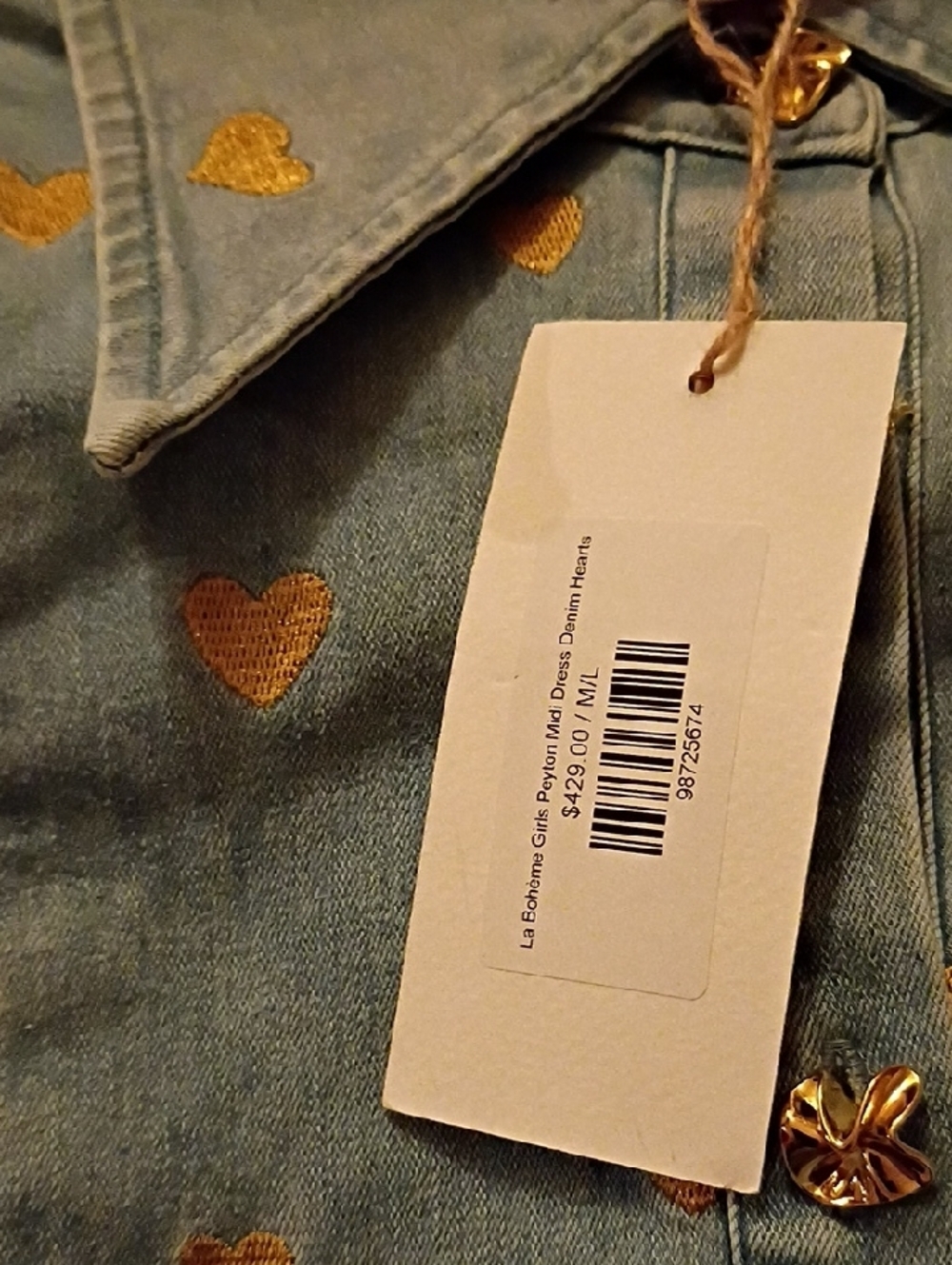 La Boheme Jean Material Button-Front Casual Dress with Gold Heart Print - Picture 3 of 6